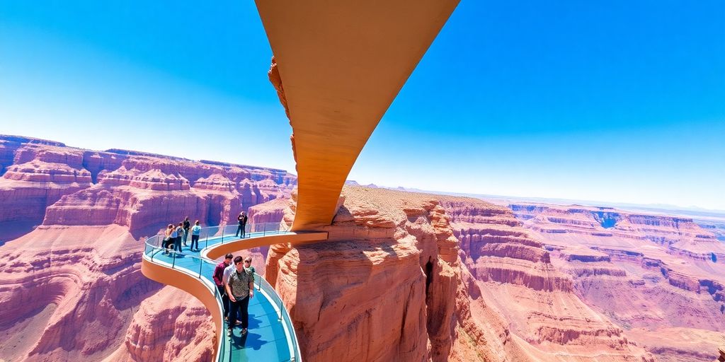 The glass Grand Canyon Skywalk over the deep canyon.