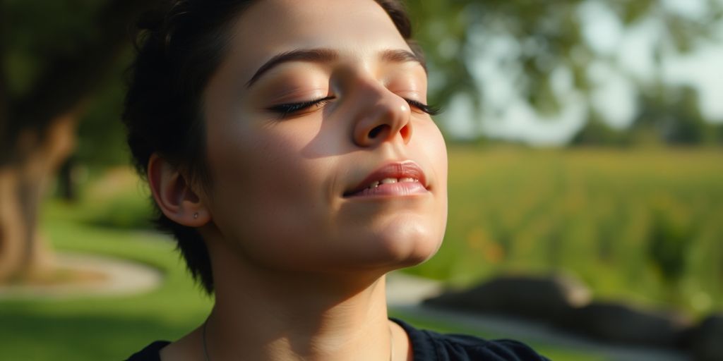 Person peacefully meditating outdoors with eyes closed.