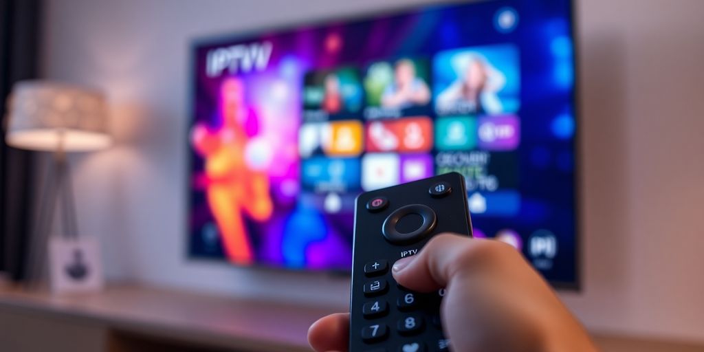 TV remote control pointing at futuristic holographic screen