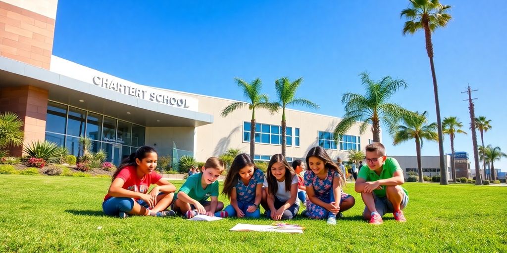 Happy students collaborating outside a modern San Diego charter school.