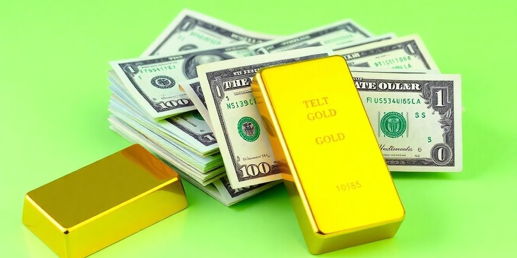Barre d'or et billets de dollar américain.