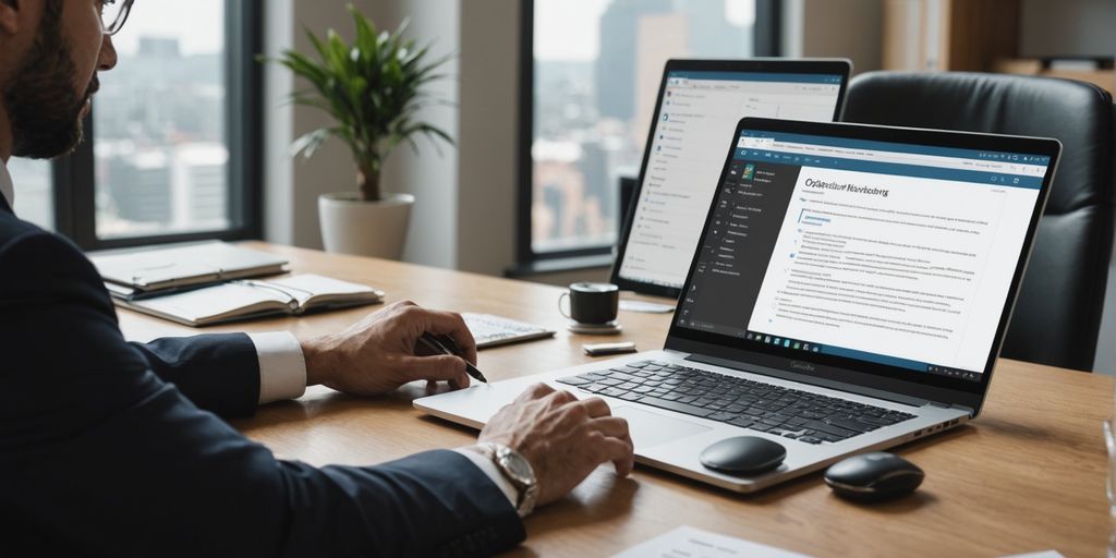 Lawyer using laptop in secure office