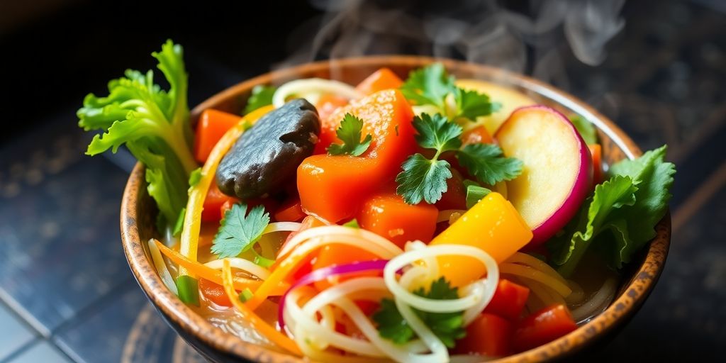 Fresh vegetables steaming in a pot.