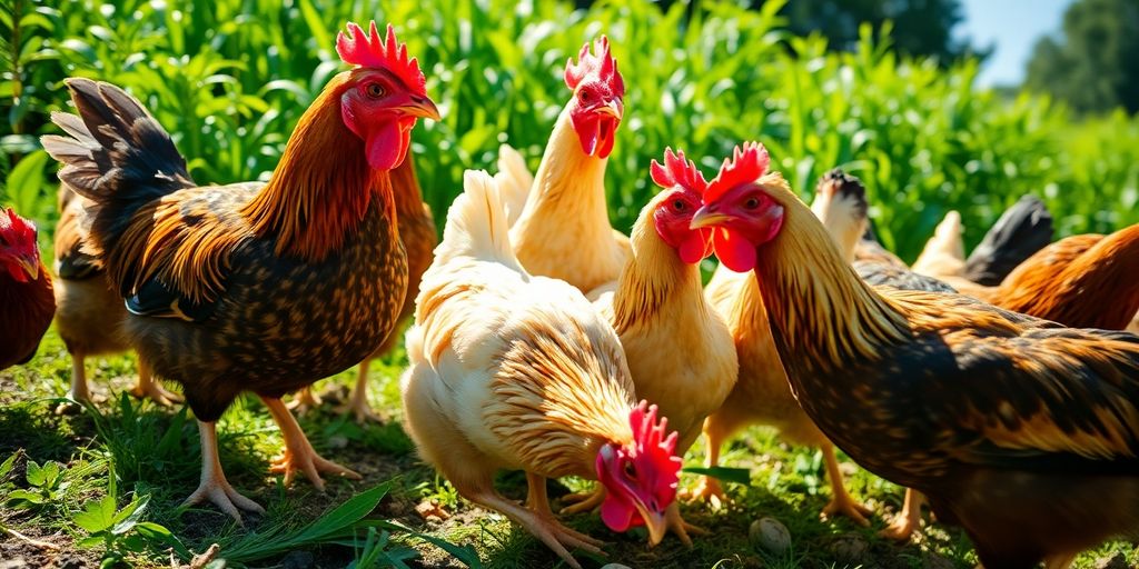 Healthy chickens in a lush green farm setting.
