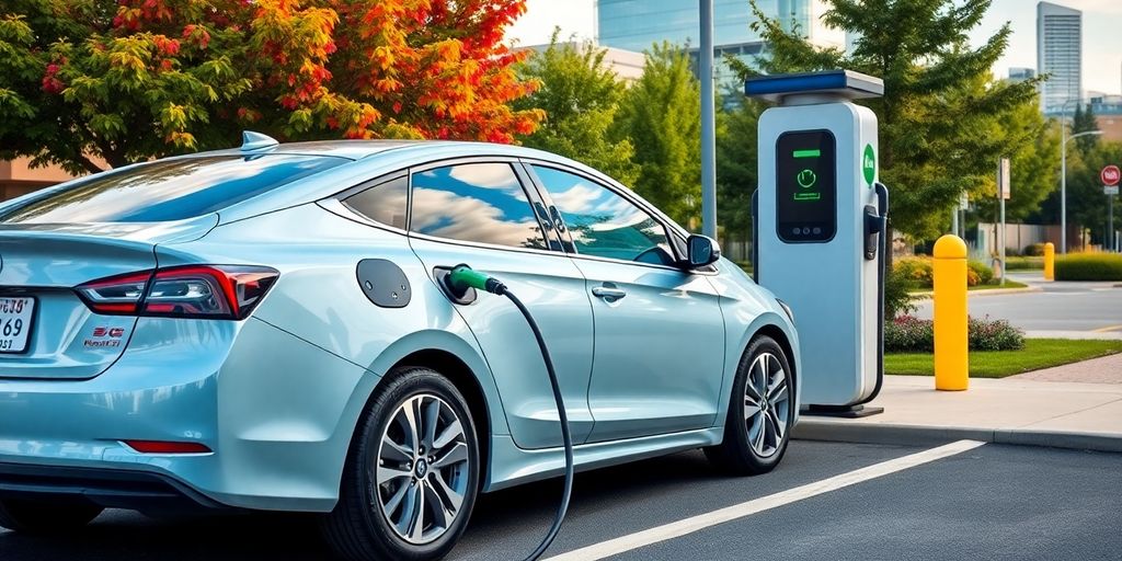 Electric vehicle charging station in Michigan surrounded by nature.