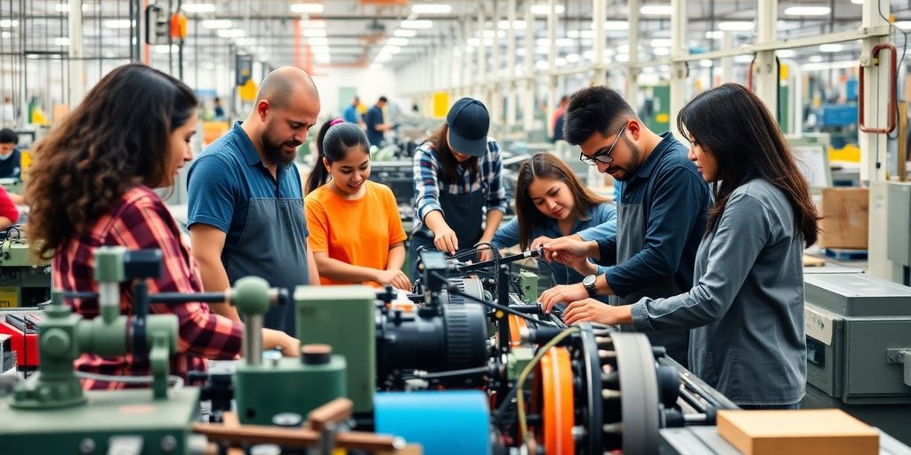 Diverse team collaborating in a busy manufacturing facility.