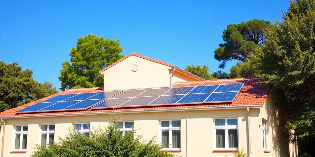 School building with solar panels under a sunny sky.
