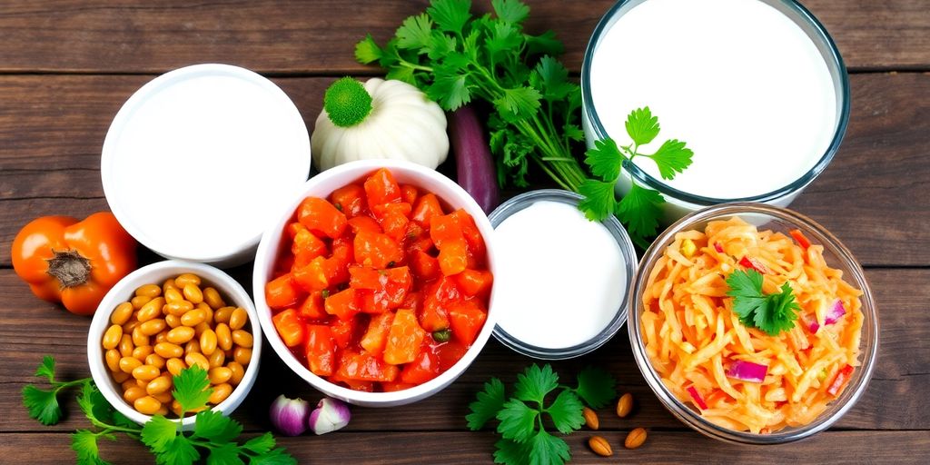 Colorful probiotic foods on a wooden table.