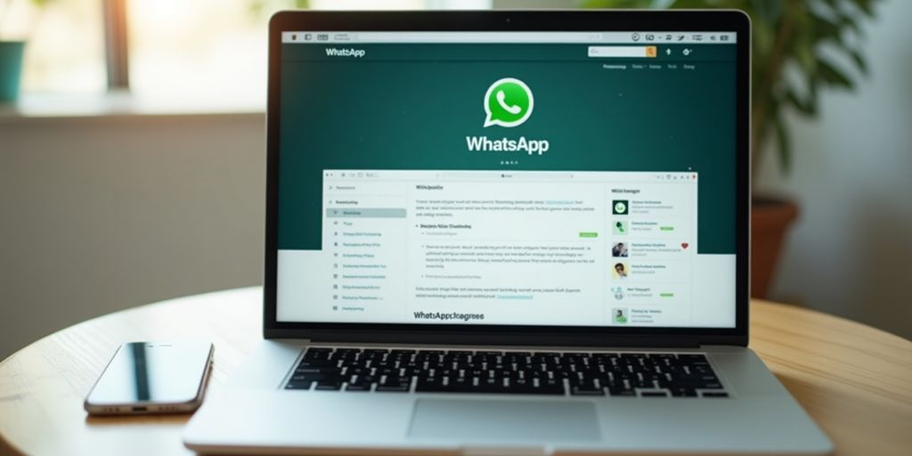 Tela do WhatsApp Web no laptop com smartphone ao lado.