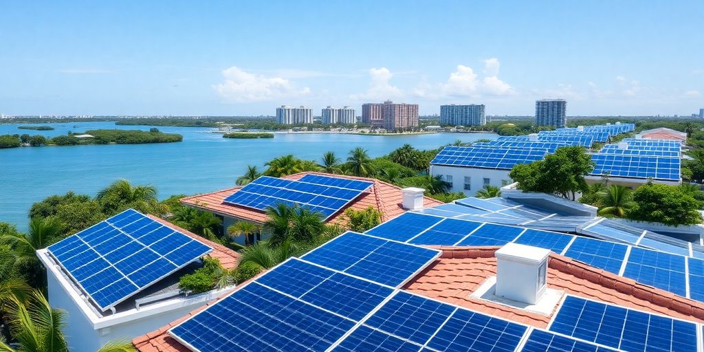 Solar panels on Miami rooftops with clear skies.