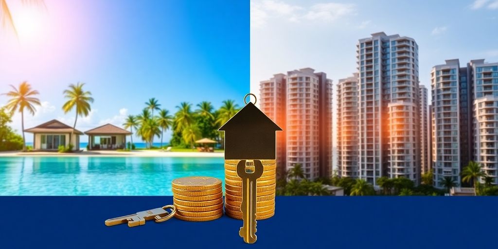 Split scene of tropical beach villa and global city skyscrapers