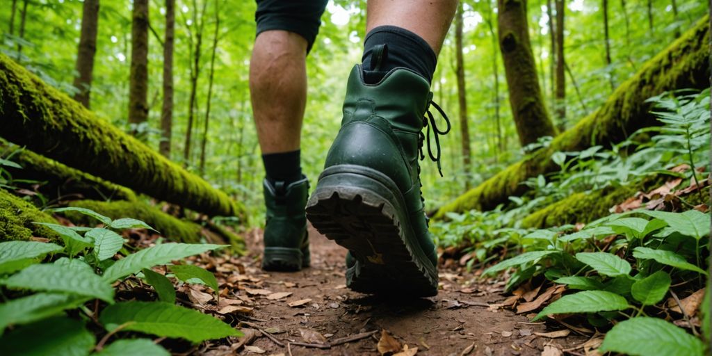 Person hiking in a green forest