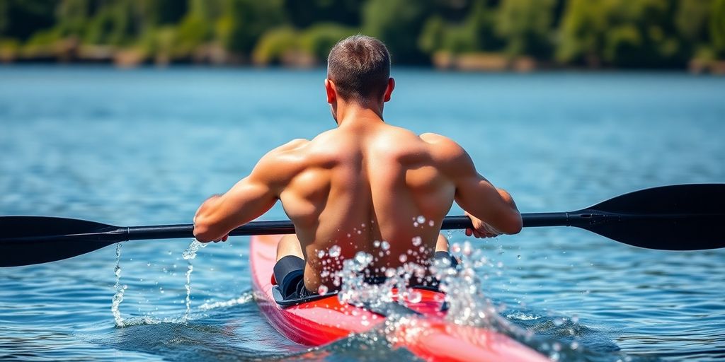 Man paddles kayak, strong upper body visible.