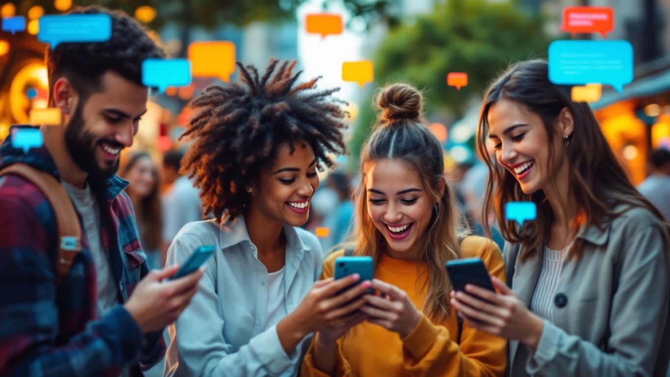 People texting on smartphones in a lively urban setting.