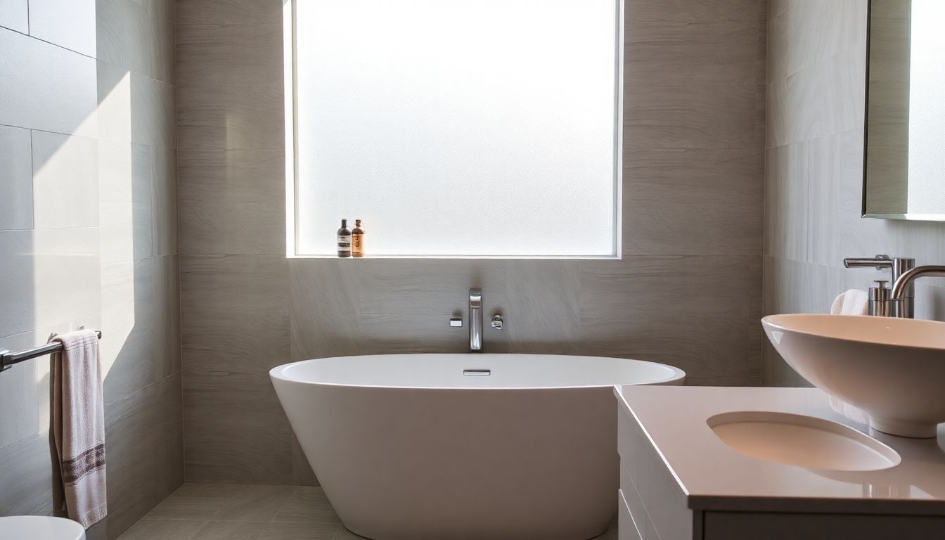 Modern bathroom with bathtub and stylish tiles.