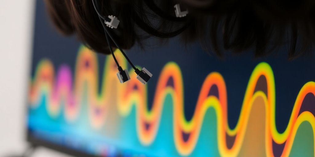 Brain waves on screen with person