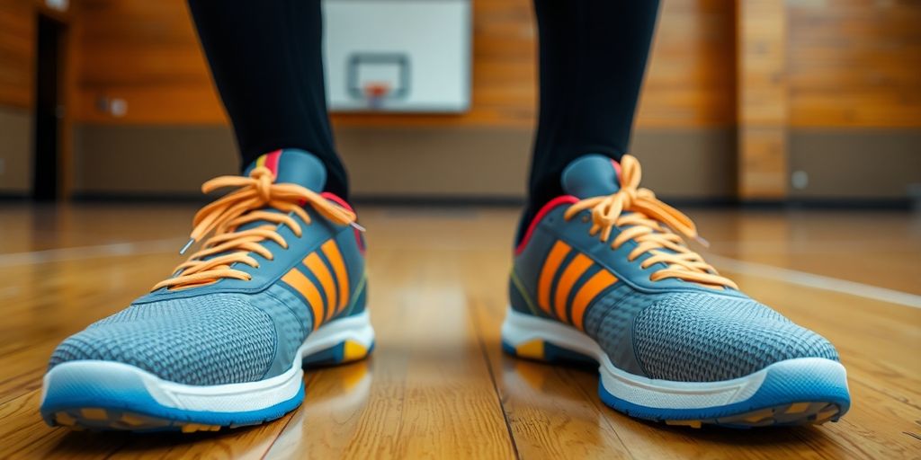 Indoor soccer shoes on a polished court.