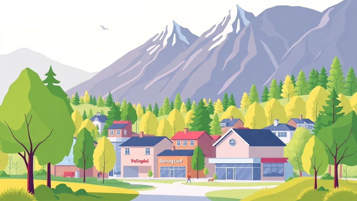 Illustrasjon av næringshage med trær og bygninger.