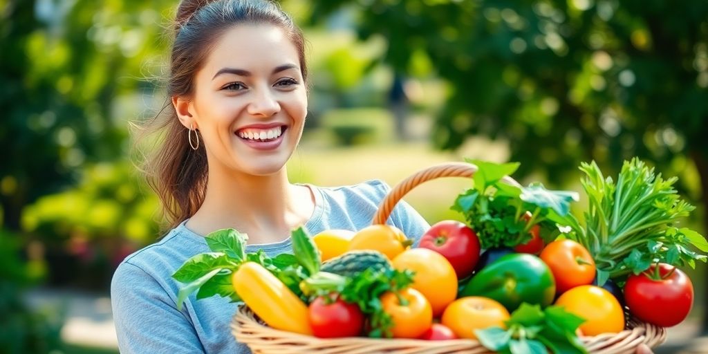 Person smiling, holding healthy food, outdoors.