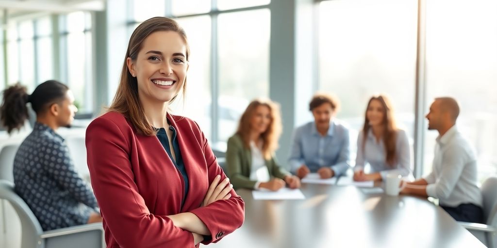 Professional woman, diverse team, modern office, illustrative.