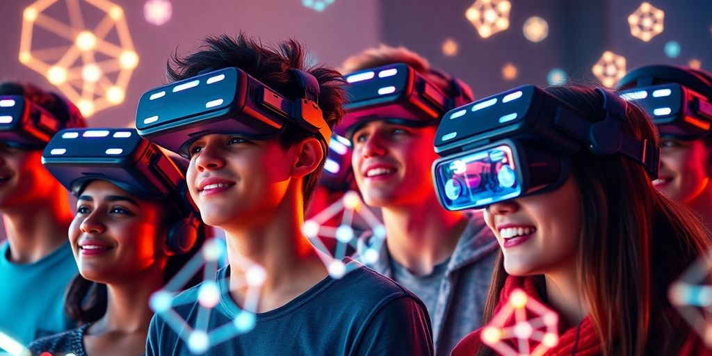 Gamers with VR headsets in a digital world.