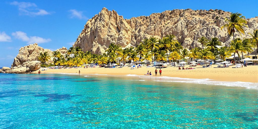 Colorful beach in Cabo Mexico with palm trees.
