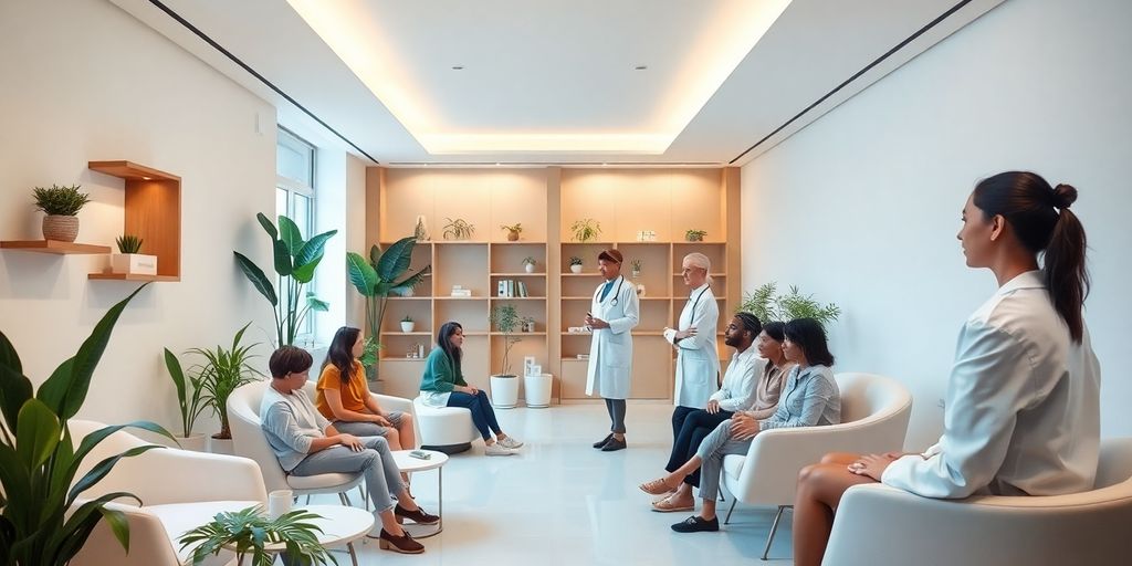 Interior de clínica de bem-estar moderno com pacientes.