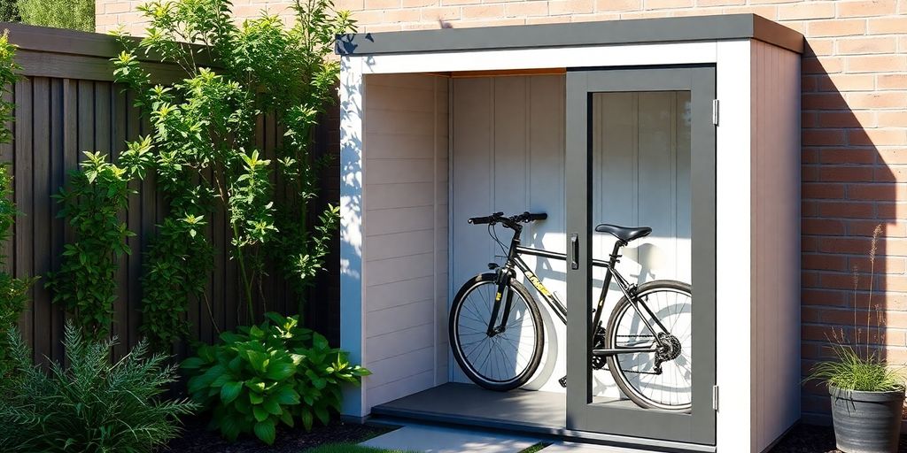 Compact bike storage shed in a small outdoor space.