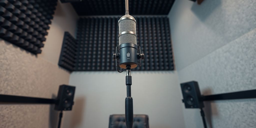 Podcast studio with acoustic panels and mic.