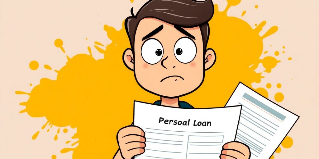 Cartoon person holding a personal loan document with a confused expression.