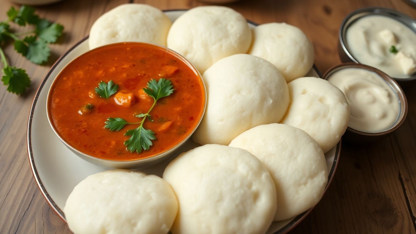 Plate of idlis with sambar and coconut chutney.