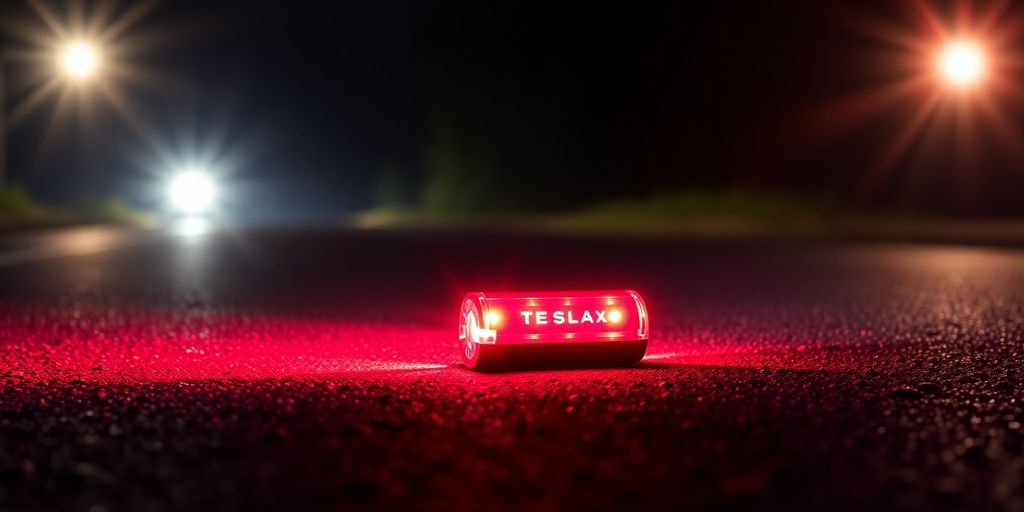 Tesla LED road flare glowing red on asphalt
