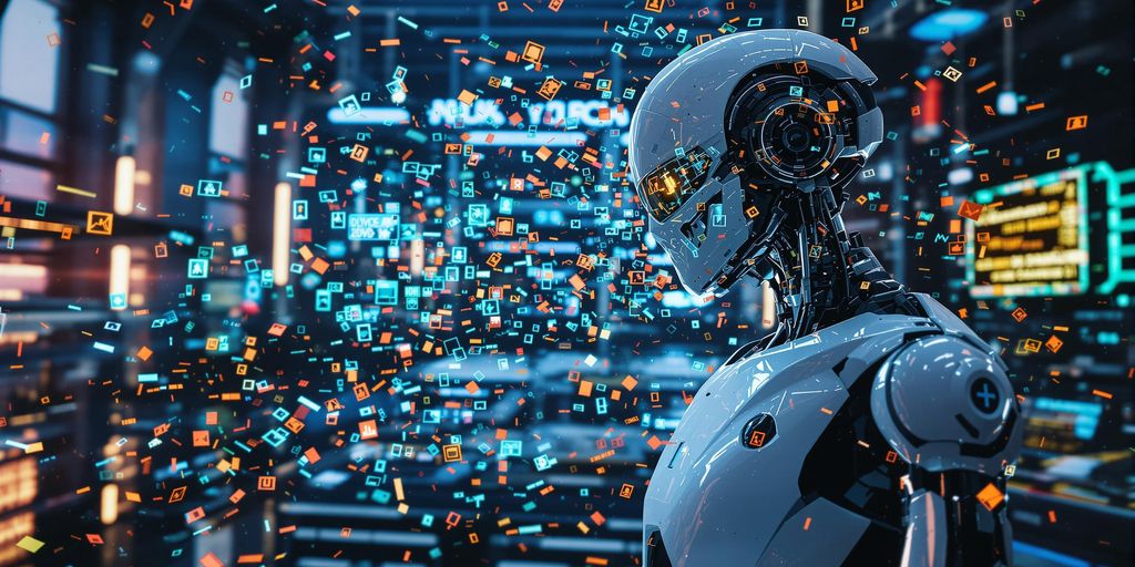 Robot with digital data errors in a futuristic lab.