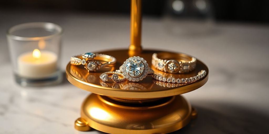 Balance en or avec des bijoux scintillants.