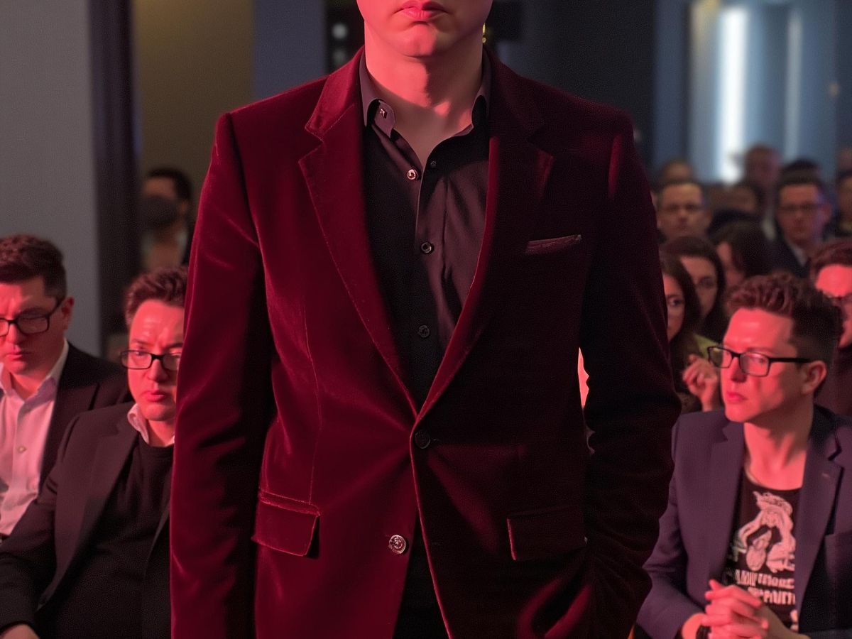 A man in a velvet suit stands out in an audience.