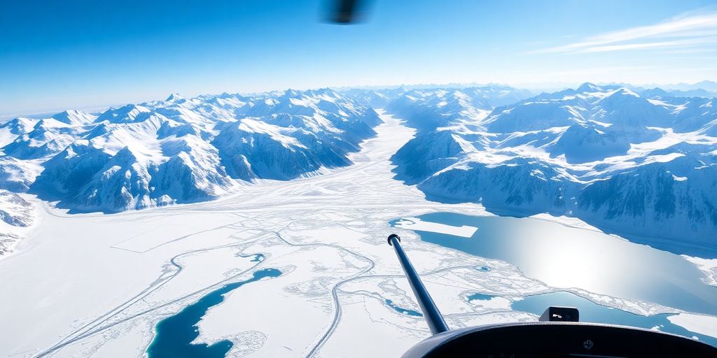 A helicopter flies over snow-capped Alaskan mountains and glaciers.
