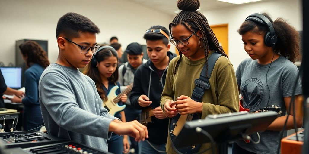 Students experiment with sound waves in a music lab.