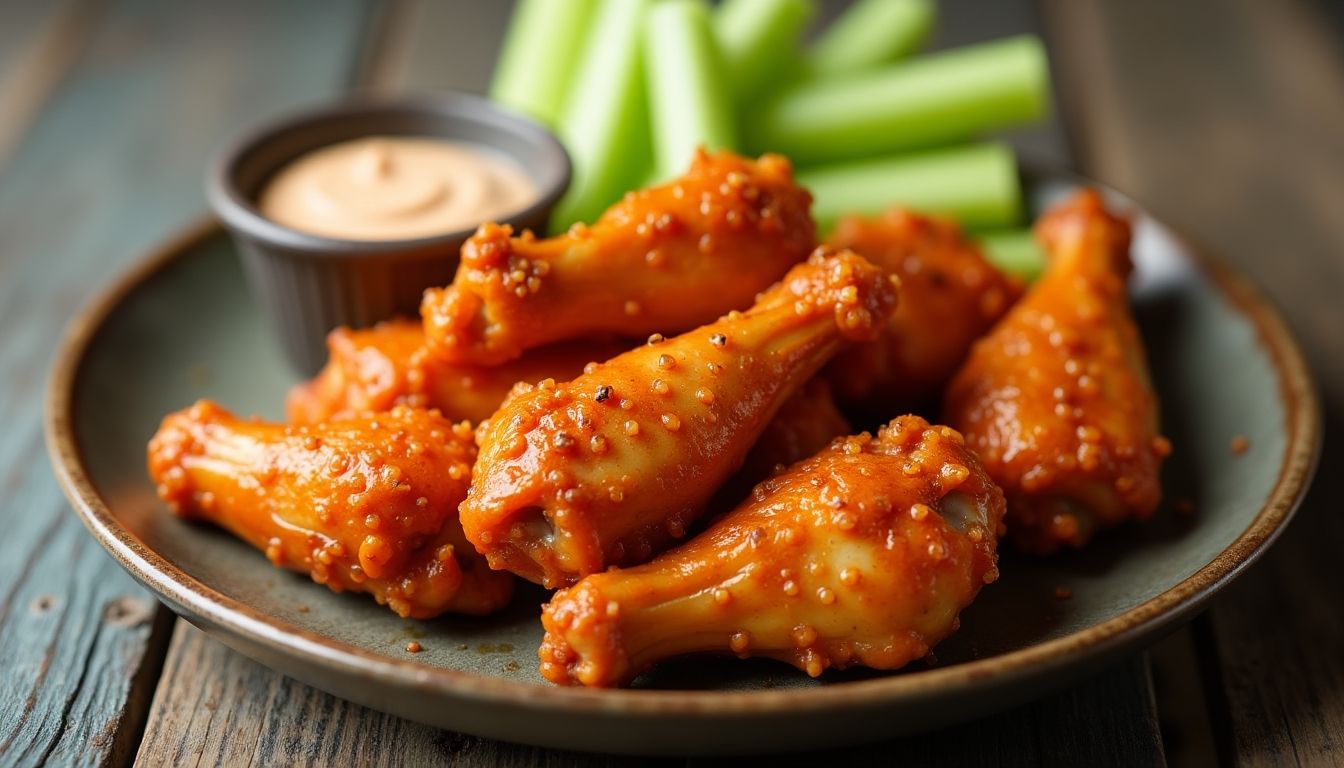 Crispy buffalo chicken wings with celery and dipping sauce.
