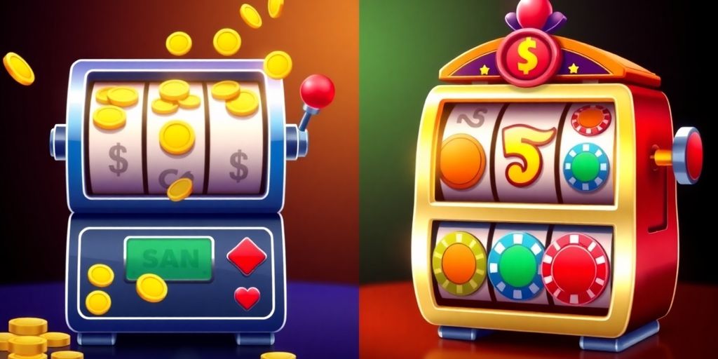 Spinning slot reels with glowing coins and chips.