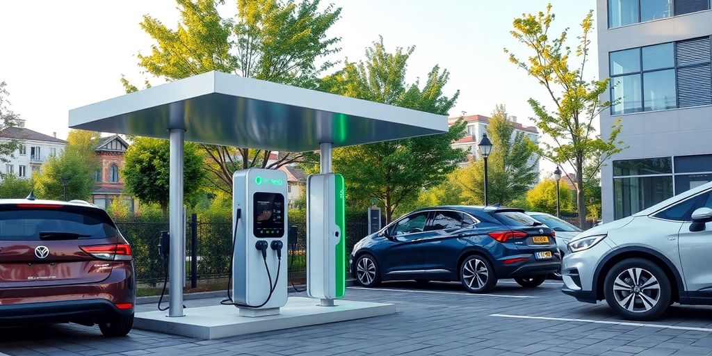 Electric vehicle charging station in a small city environment.