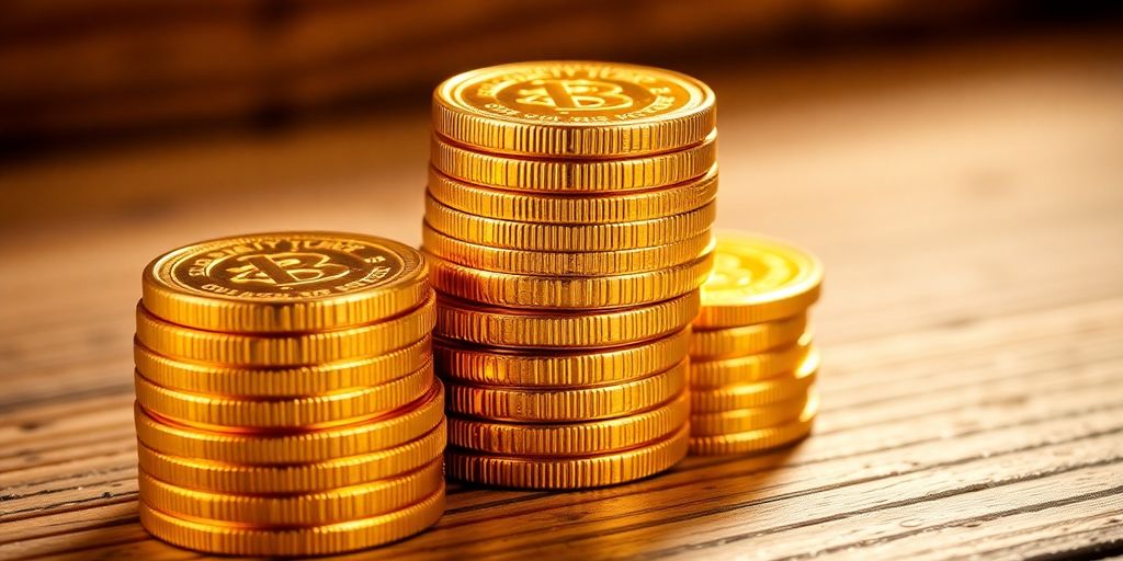 Pièces d'or empilées sur une surface en bois.