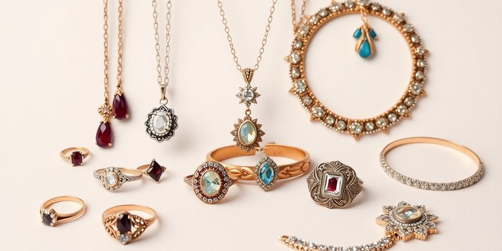 Bijoux vintage et antiques sur fond neutre.