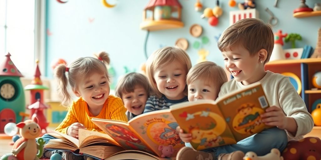 Children enjoying storybooks and toys in a vibrant setting.