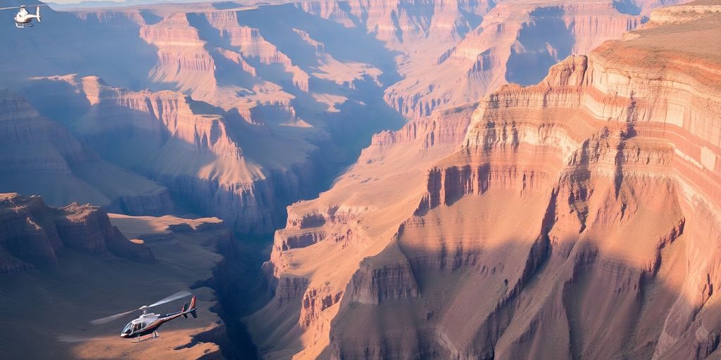 A helicopter flies above the vast Grand Canyon rims.