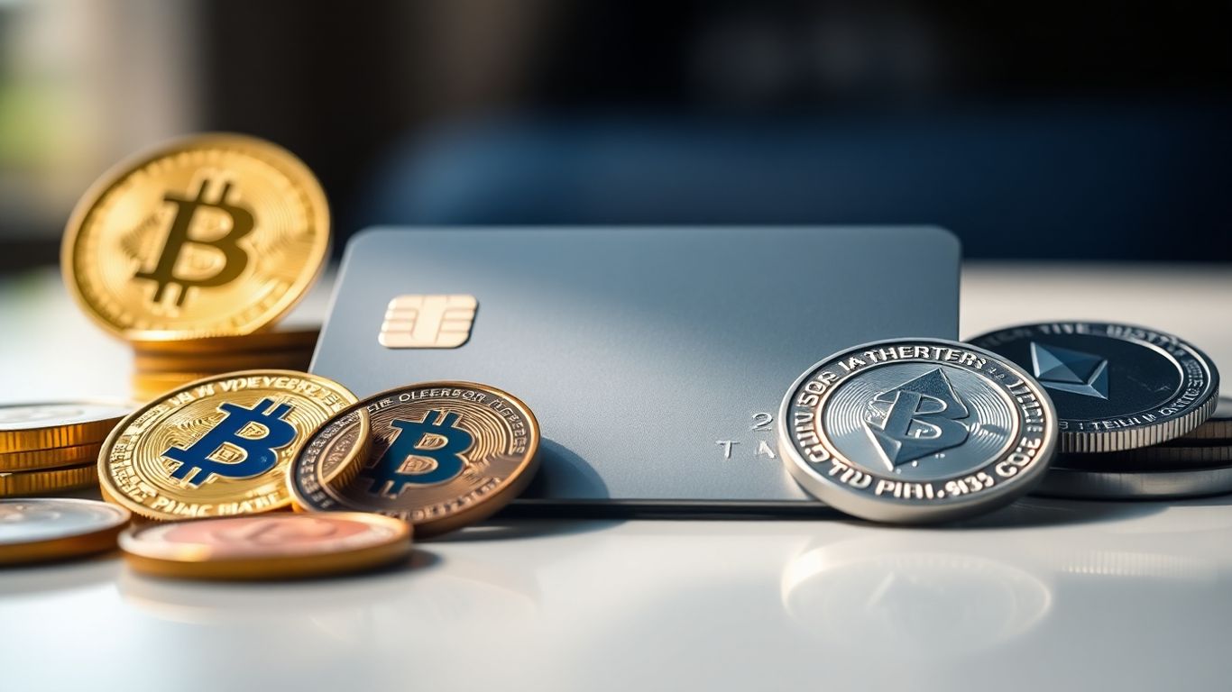 Credit card and cryptocurrency coins on polished table.