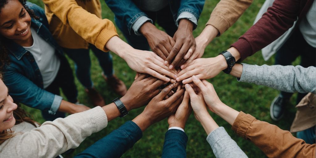 Diverse group in a circle, holding hands and smiling.