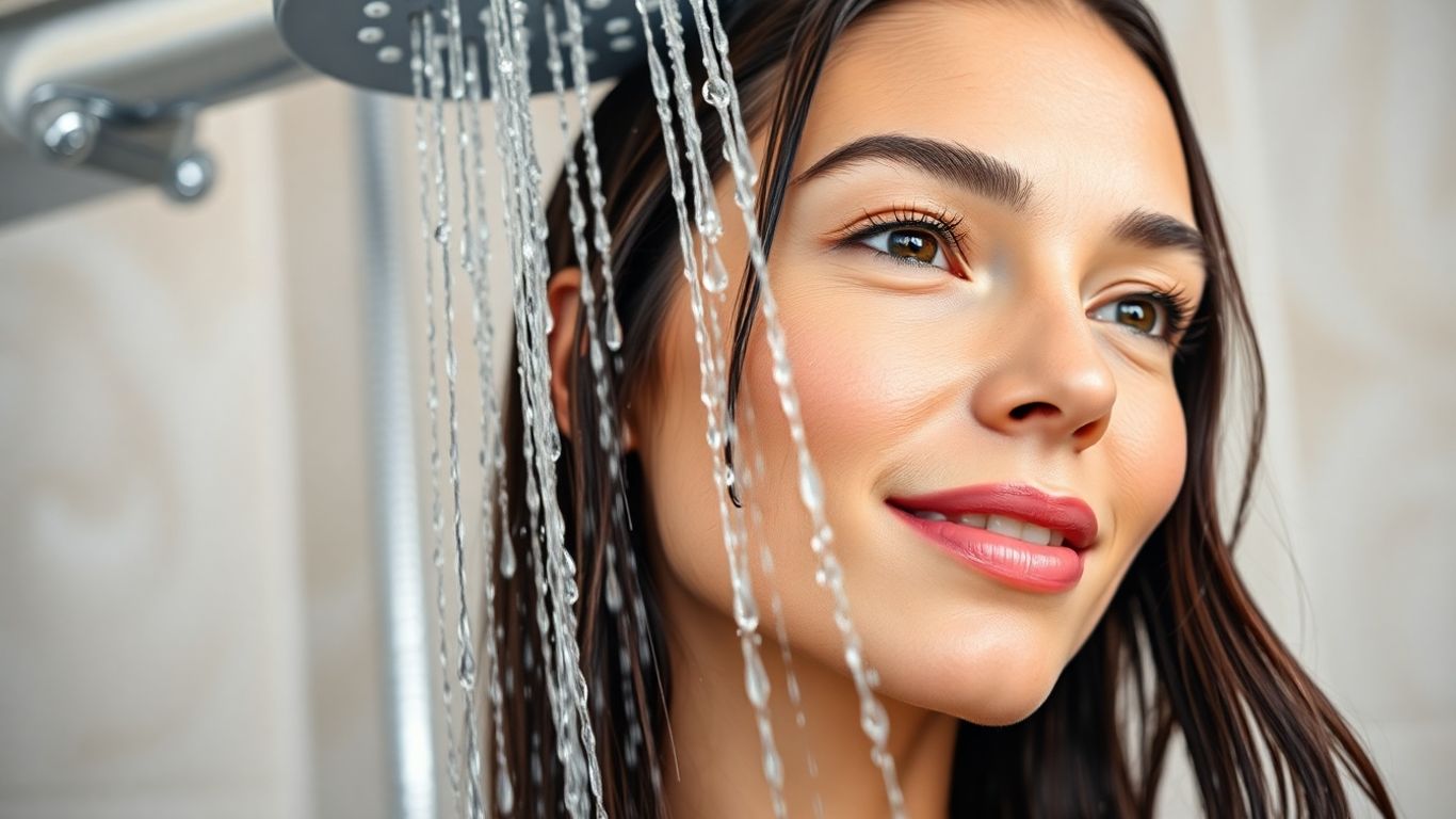 Woman with healthy hair under shower filtered water