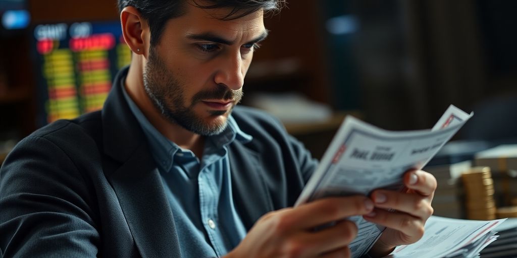 Sports bettor analyzing winning tickets and financial growth.