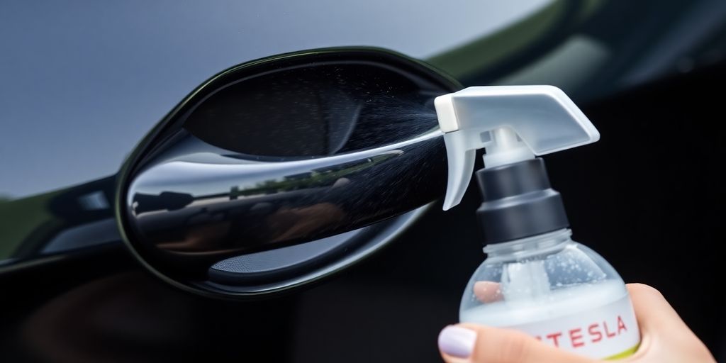 Tesla door handle sprayed with UV protectant.