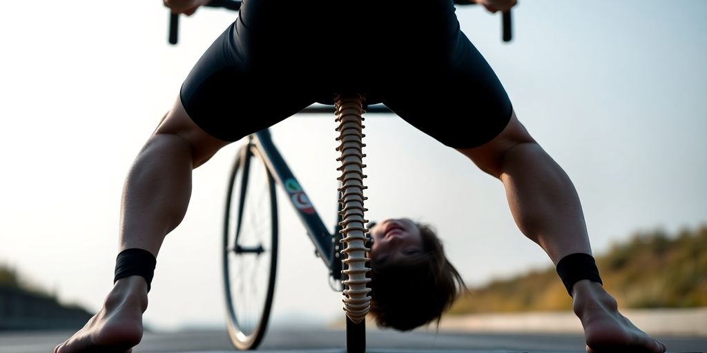 Cyclist performs cat-cow stretch on yoga mat.